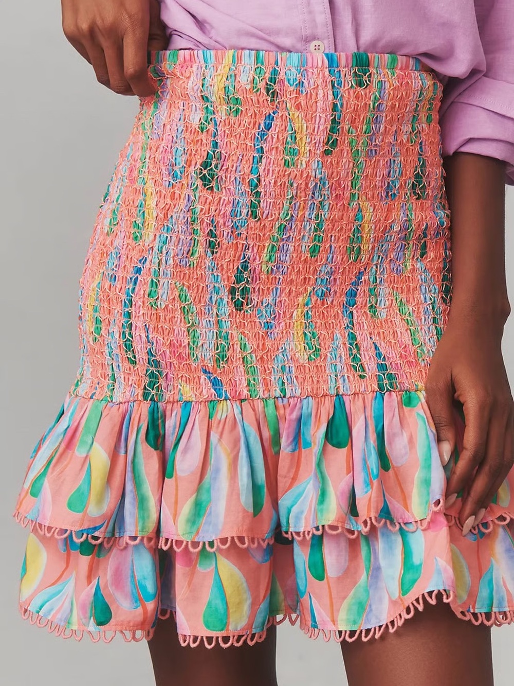 Farm Rio Pink Smocked Skirt XS Colorful Ruffle Mini Skirt Summer